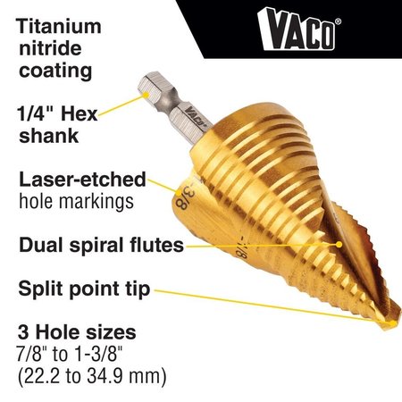Klein Tools Step Drill Bit, Spiral DoubleFluted, 78Inch to 138Inch, VACO 25960